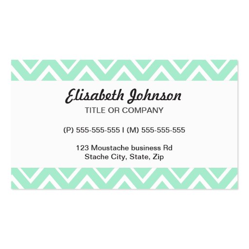 Mint green whimsical zigzag chevron pattern business cards (front side)