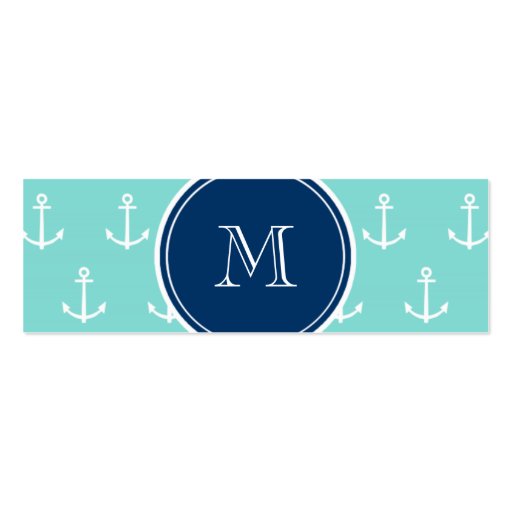 Mint Green White Anchors, Navy Blue Monogram Business Card Templates