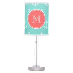 Mint Green White Anchors Pattern, Coral Monogram Table Lamp
