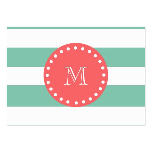 Mint Green White Stripes Pattern, Coral Monogram Business Card Templates (front side)