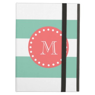 Mint Green White Stripes Pattern, Coral Monogram iPad Air Case