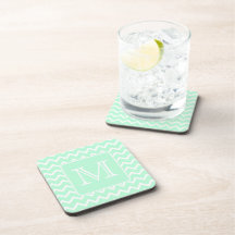 Mint Green Zigzag with Custom Monogram. Beverage Coasters