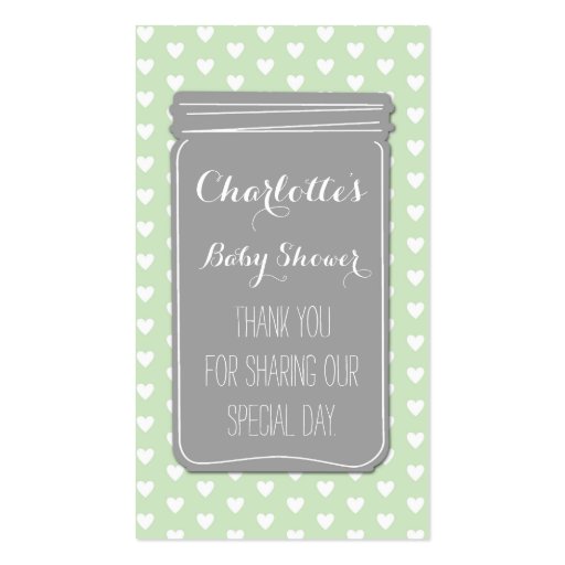 Mint Grey Heart Mason Jar Baby Shower Favor Tags Business Card (front side)