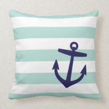 Mint & Navy Nautical Stripes and Cute Anchor Throw Pillow