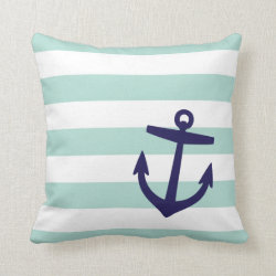 Mint & Navy Nautical Stripes and Cute Anchor Throw Pillow
