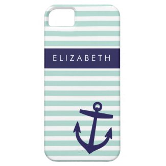 Mint & Navy Nautical Stripes Cute Anchor Monogram iPhone 5 Cases