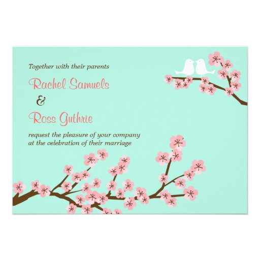 Mint & Pink Cherry Blossom Wedding Card