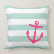 Mint & Pink Nautical Stripes and Cute Anchor Throw Pillow