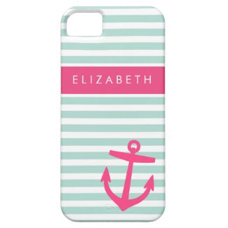 Mint & Pink Nautical Stripes Cute Anchor Monogram iPhone 5 Covers
