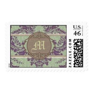 Mint Purple elegant damask monogram postage stamp