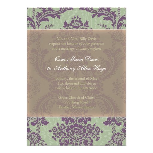 Mint Purple Elegant Damask Wedding Invitation