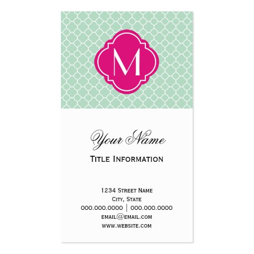 Mint Quatrefoil Pattern with Monogram Business Card