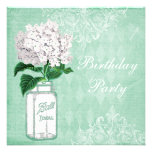 Mint Shabby Chic Jar & Hydrangea Birthday Party Custom Invitations