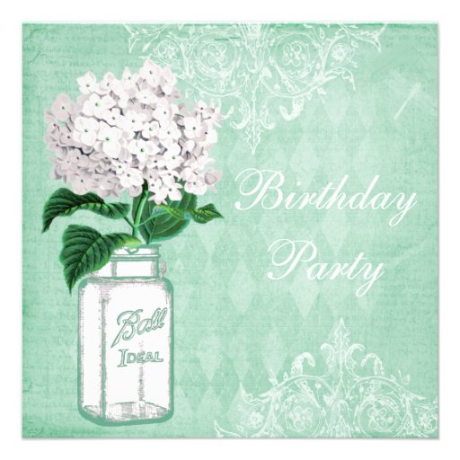 Mint Shabby Chic Jar & Hydrangea Birthday Party Custom Invitations