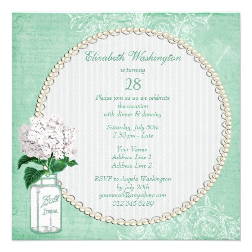 Mint Shabby Chic Jar & Hydrangea Birthday Party Custom Invitations