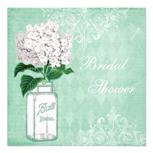 Mint Shabby Chic Jar & Hydrangea Bridal Shower Personalized Announcement