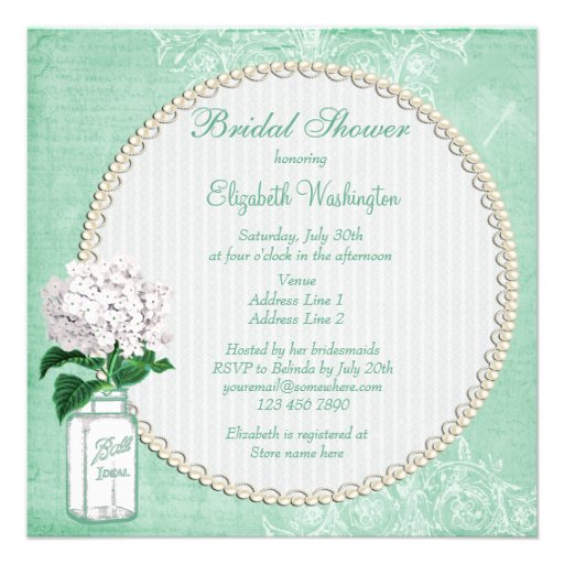 Mint Shabby Chic Jar & Hydrangea Bridal Shower Personalized Announcement