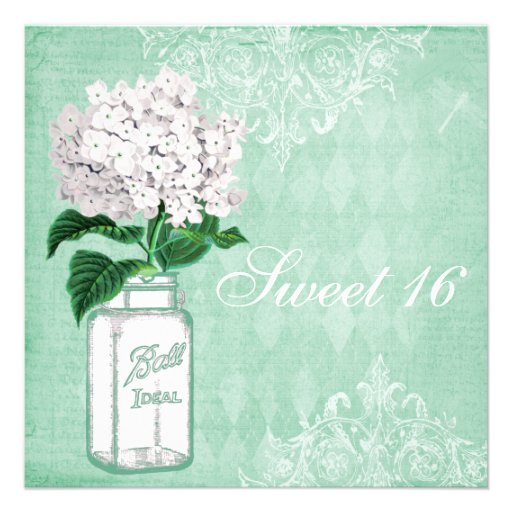 Mint Shabby Chic Mason Jar & Hydrangea Sweet 16 Custom Invitation