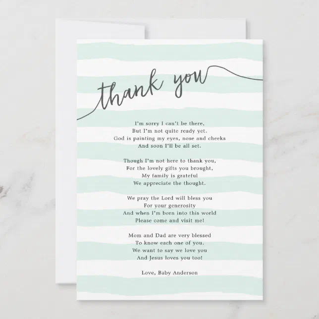 Mint Stripes Neutral Baby Shower Poem Thank You Card Zazzle