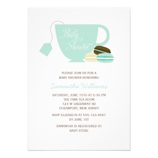 Mint Tea Cup and Macarons Baby Shower Custom Invitations