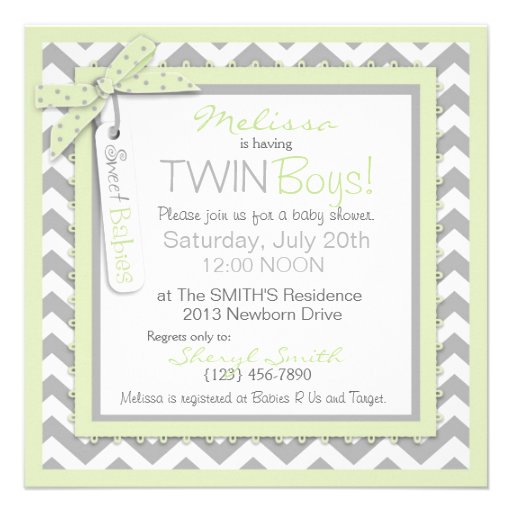 Mint Ties & Chevron Print Twin Boys Baby Shower Custom Invitation