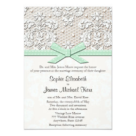 Mint Vintage Lace and Pearls Glamour Wedding 5x7 Paper Invitation Card