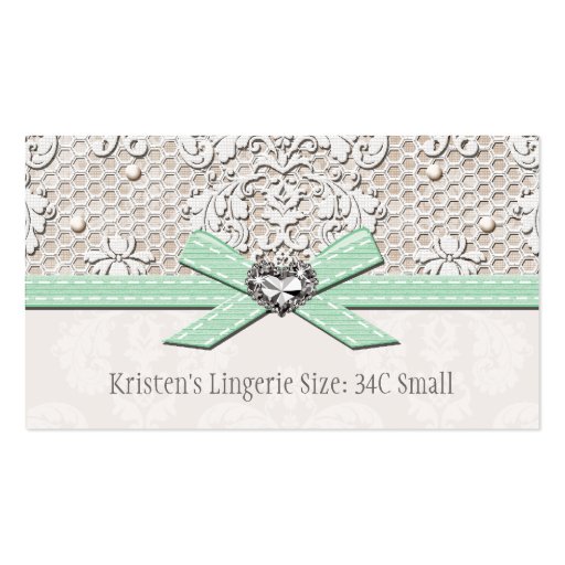 Mint Vintage Lace Pearl Glamour Lingerie Size Card Business Card (front side)