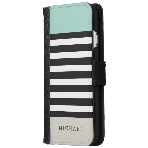 Mint White Black Beige Stripes - Simple Elegant iPhone 6 Wallet Case-1