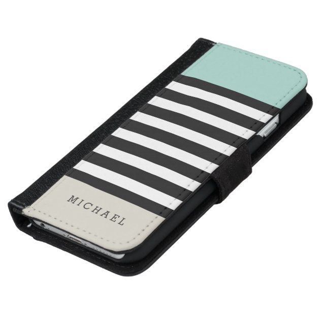 Mint White Black Beige Stripes - Simple Elegant iPhone 6 Wallet Case-5