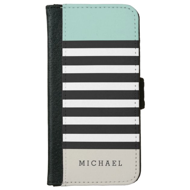 Mint White Black Beige Stripes - Simple Elegant iPhone 6 Wallet Case