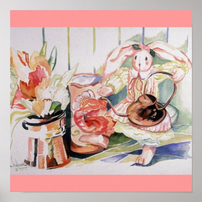 Miss Essie Bunny Watering Her Plants Poster by Karen_Halpern