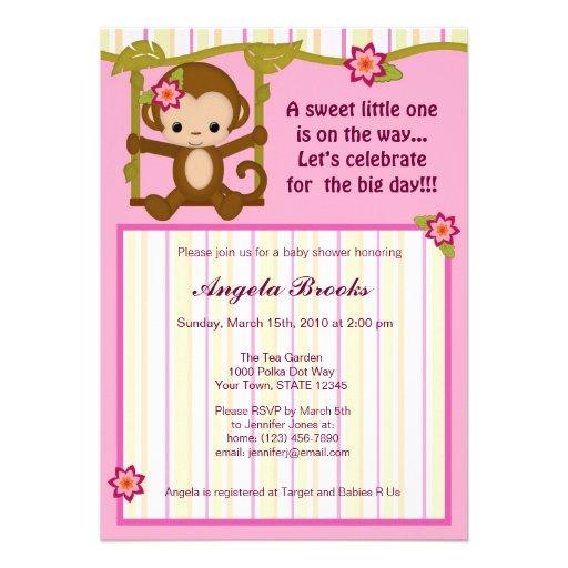 Miss Monkey Baby Shower Invitations Girl (front side)