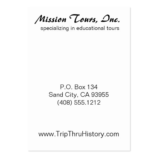 Mission Tours Business Card (back side)