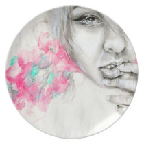 camarillo, illustration, art plate, artistic plate, decorative wall plate, collectors art plate, black and white art, portrait of woman, pink flowers, pouty lips, artsprojekt, nicholecamarillo.com, fine art, mexican art, painting, female art, latina art, artistic tray, creative dish, artistic dish, unique serving tray, creative, artistic, christmas gifts, artistic housewarming gift, creative kitchen accessories, black and white, sketchbook project, flowers, green, aqua, teal, artistic portrait, felicia bergeriana, Canada, cotton , [[missing key: type_fuji_plat]] with custom graphic design