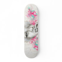 artsprojekt, camarillo, nichole camarillo, nicholecamarillo.com, art, fine art, mexican art, mexico, illustration, skateboard, artist, mexican, paint, painting, design, woman, female, skate, board, deck, custom board, sports, extreme sports, black and white, black and white art, sketchbook project, portrait of woman, flowers, pink, green, aqua, teal, lips, artistic portrait, nyctaginia capitata, Canada, scarlet musk flower, YTV (Canadian television), carolina spring beauty, umbrellawort, Skateboard with custom graphic design