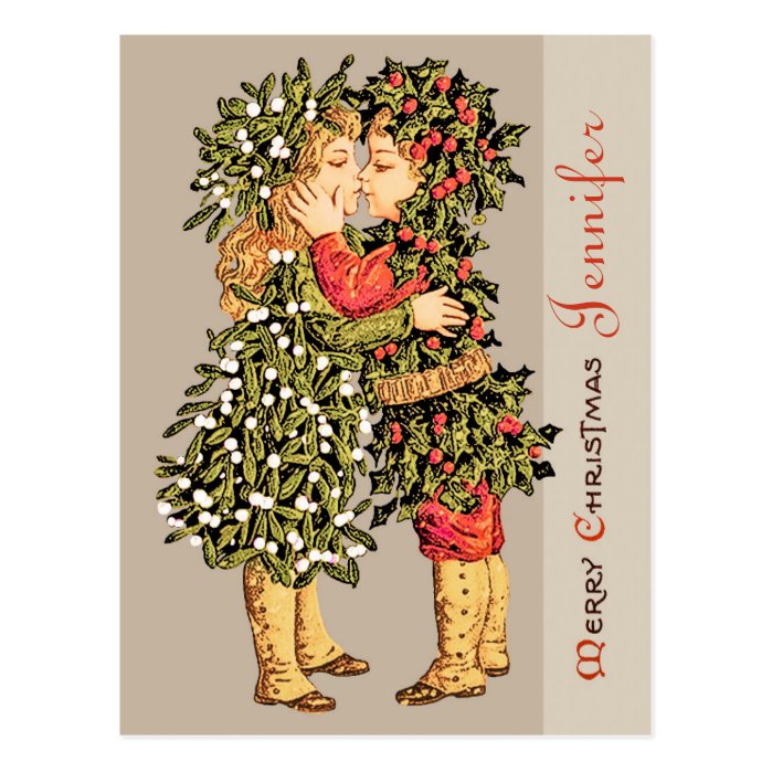 Mistletoe girl and holly boy kiss CC0781 Christmas Postcard