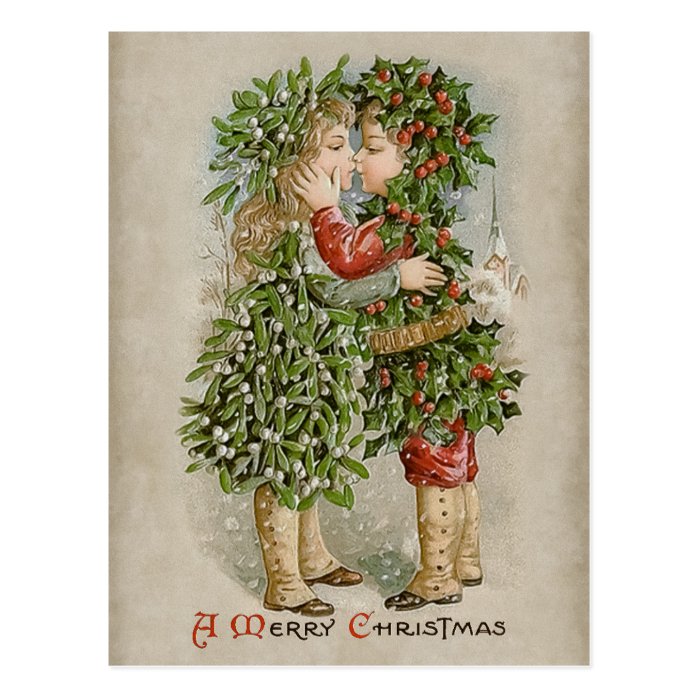 Mistletoe girl and holly boy kiss CC0784 Christmas Postcard