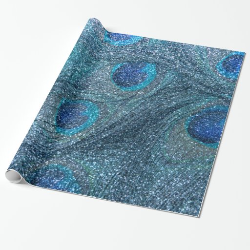 misty blue glitter peacock feathers wrapping paper Zazzle