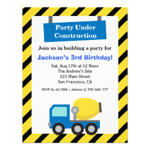 Mixer Truck Construction Theme kids Birthday Party Personalized Announcements