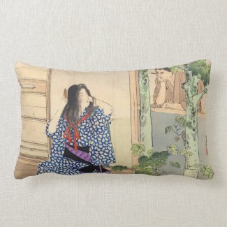 Mizuno Toshikata, Bijin combing hair vintage japan Throw Pillow