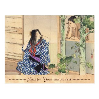 Mizuno Toshikata, Bijin combing hair vintage japan Postcard
