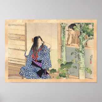Mizuno Toshikata, Bijin combing hair vintage japan Posters