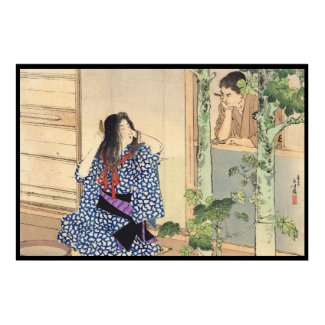 Mizuno Toshikata, Bijin combing hair vintage japan Print