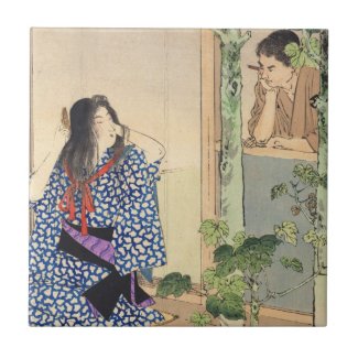 Mizuno Toshikata, Bijin combing hair vintage japan Ceramic Tiles