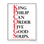 King Philip Can Order Five Good Soups. = Species Identification: Kingdom, Phylum, Class, Order, Family, Genus, Species
Do you remember studying for the big exam late into the night? We used Mnemonic flashcards to remember everything from the planets to the bones of the hand. These beautiful graphic prints are an homage to those witty and humorous mnemonics, our college days, and the knowledge imbibed there. Mnemonic: King Philip = Species Identification Poster
