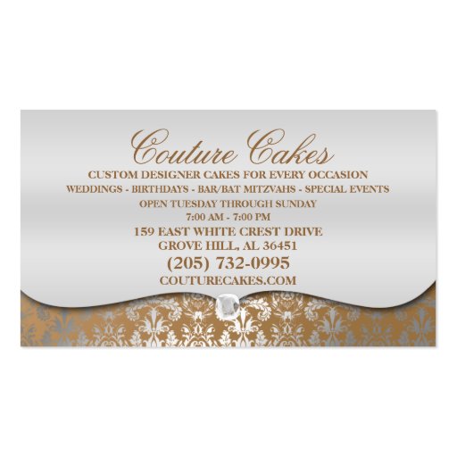 Mocha Brown Cake Couture Glitzy Damask Cake Bakery Business Card (back side)