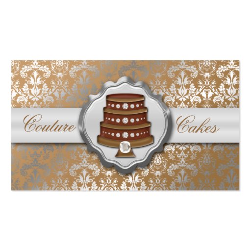 Mocha Brown Cake Couture Glitzy Damask Cake Bakery Business Card (front side)