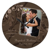 Mocha Brown Floral Personalized Photo Template Round Wallclocks  at Zazzle