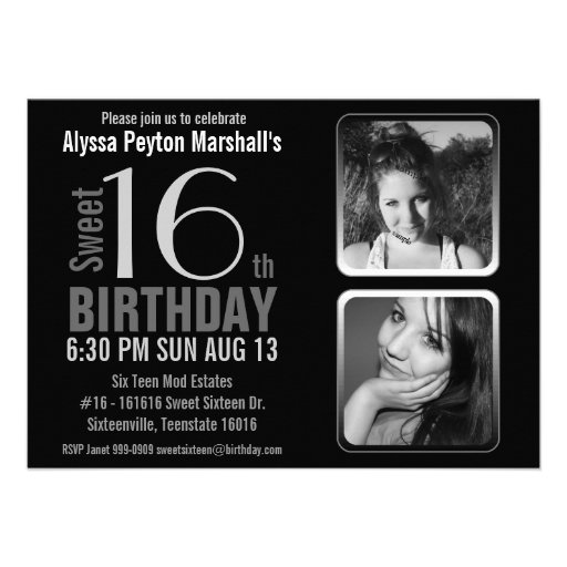 Mod 2 Photos Black and White Sweet 16 Birthday Personalized Invites (front side)