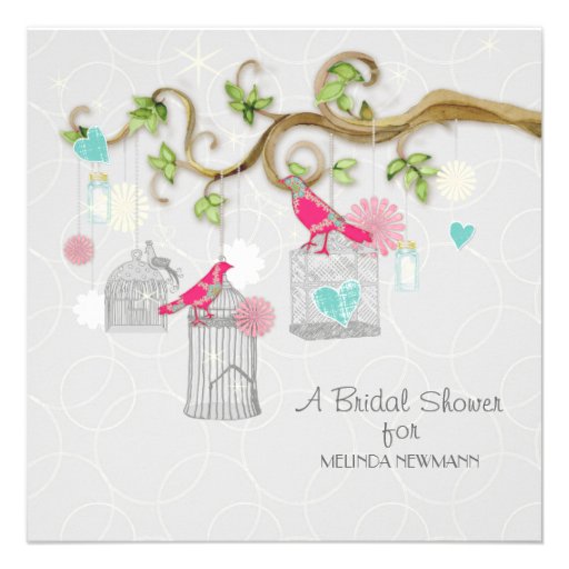 Mod Bird Cage Mason Jar Heart Floral Bridal Shower Custom Announcement